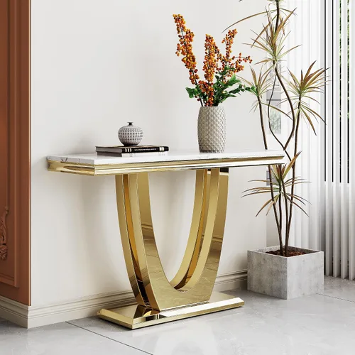 Vista 10 de Mesa de consola de mármol, moderna mesa rectangular de lujo para sofá de entrada de mármol con parte superior de mármol sintético de 0.71 pulgadas