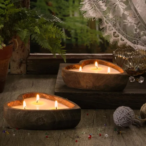 Vista 4 de MTLEE 4 velas de cuenco de madera con forma de corazón, 4 aromas, 3 mechas de cada casa de campo decorativas para hombres y mujeres, día de San