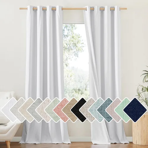 NICETOWN Cortinas de lino 100% absolutamente opacas con forro blanco aislado térmico, blanco, 52 pulgadas de ancho, 120 pulgadas de largo, cortinas