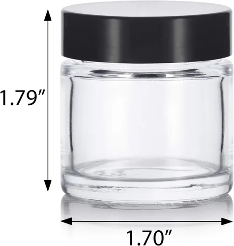 Vista 2 de Tarro recto de vidrio de pared grueso transparente de 1 onza / 1.0 fl oz con tapas lisas negras (paquete de 12) hermético, a prueba de olores