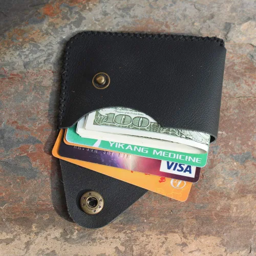 Vista 5 de Cartera organizadora de tarjetas de bolsillo frontal cosida a mano minimalista de cuero genuino para tarjetas, billetera con tarjetero pequeño, Negro