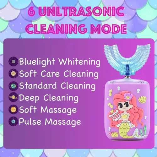 Vista 6 de Cepillo de dientes eléctrico para niños, cepillo de dientes en forma de U, cepillo automático sónico con 5 cabezales de cepillo, 6 modos de limpieza