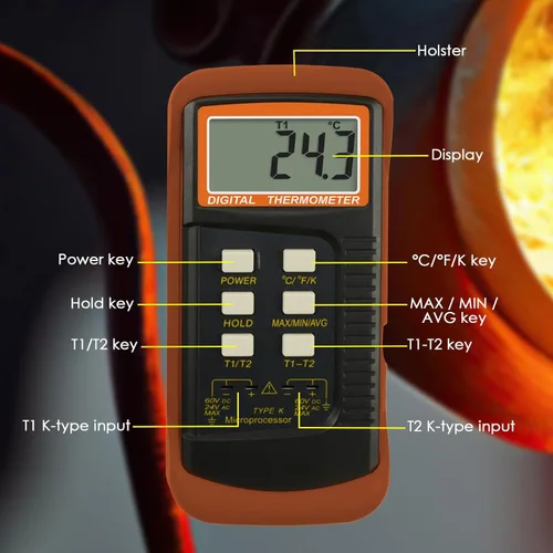 Vista 8 de Termómetro de termopar tipo K (-50 ~ 2,372.0 °F), termómetro digital de canales dobles con 2 abrazaderas de temperatura, 2 sondas de termopar