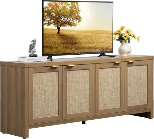 Vista 11 de SICOTAS Soporte de TV para sala de estar, centro de entretenimiento boho para dormitorio con 4 gabinetes de ratán, soporte de televisión de granja