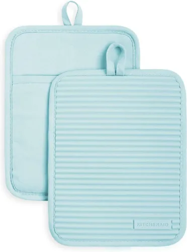 Vista 10 de KitchenAid Juego de 2 soportes para ollas de silicona suave acanalados, color cielo aguamarina, 7 x 9 pulgadas