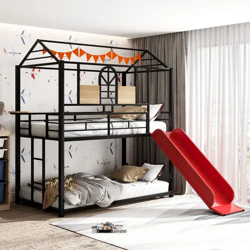 Harper & Bright Designs Cama Litera Casa con Tobogán, Cama Litera Doble sobre Doble con Techo y Barandillas, Cama Litera Doble sobre Doble de Metal de Harper & Bright Designss