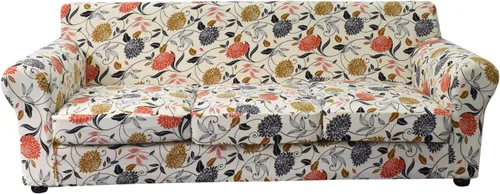 Vista 28 de KRFOONN Funda de sofá de 4 piezas con estampado para sofás de 3 cojines, funda elástica con 3 fundas de cojín separadas, protector de muebles