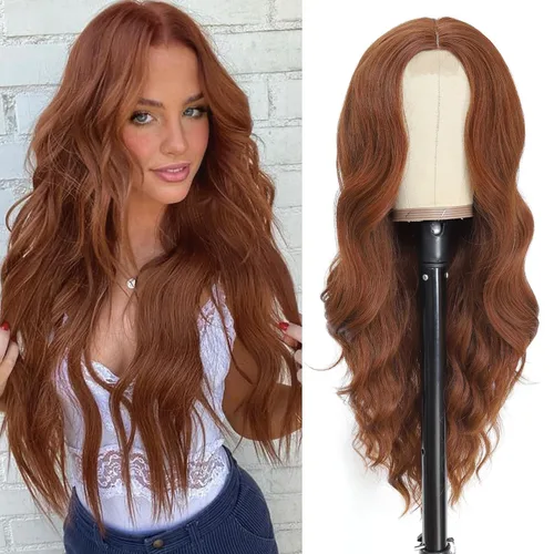 Vista 11 de NAYOO Pelucas marrones con flequillo para mujer, pelucas de cabello largo y ondulado, resistentes al calor, pelucas de fibra sintética para uso