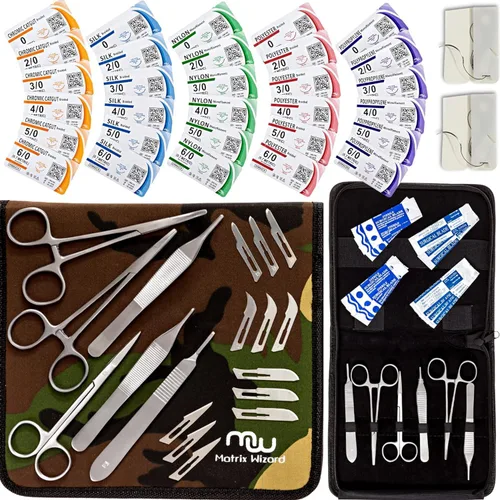Hilo de suturas con aguja (disolvible y no disolvible) más herramientas – Kit de puntadas quirúrgicas, médicas, veterinarias, entrenamiento