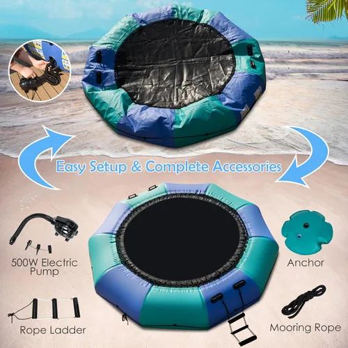 Vista 4 de GYMAX Trampolín de agua, trampolín flotante para lago con bomba eléctrica y escalera de cuerda, gorila de agua inflable para lago, resistente