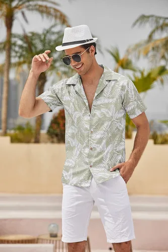 Vista 4 de COOFANDY - Camisas hawaianas de algodón y lino florales tropicales con botones para hombre