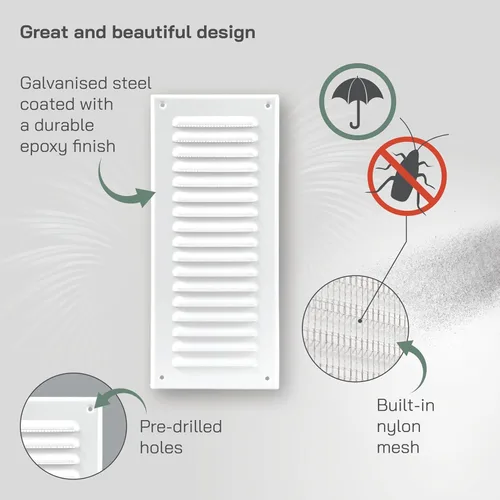 Vista 3 de Vent Systems – 3.35 x 9.84 pulgadas (interior) rejilla de ventilación de aire rectangular de metal blanco para alero, cubierta de rejilla, deflector
