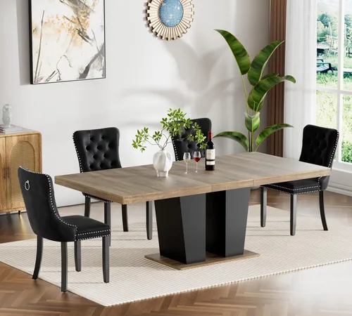 Vista 17 de Juego de mesa de comedor extensible de 7 piezas, juego de mesa de comedor extensible de estilo granja para 6, mesa de cocina expandible de madera