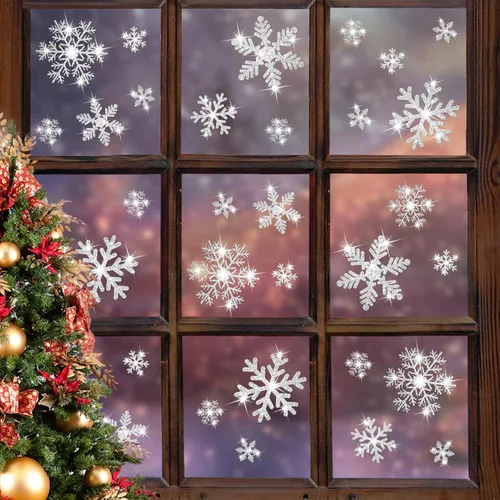 LUDILO 240 Piezas Calcomanías de Ventana de Navidad Copos de Nieve con Purpurina Calcomanías de Ventana Pegatinas Estáticas de Ventana