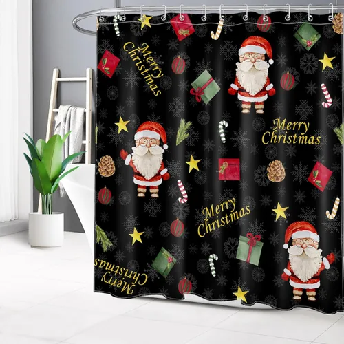 Vista 3 de Merry Christmas Shower Curtain for Bathroom Santa Claus with Snowflake Pattern on Black Bathroom Shower Curtains with Hooks, New Year Holiday