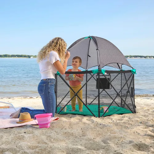 Vista 2 de Summer Infant Pop 'N Play Deluxe Ultimate Playard, Aqua Splash - Corralito portátil de cobertura completa para interiores/exteriores con plegado
