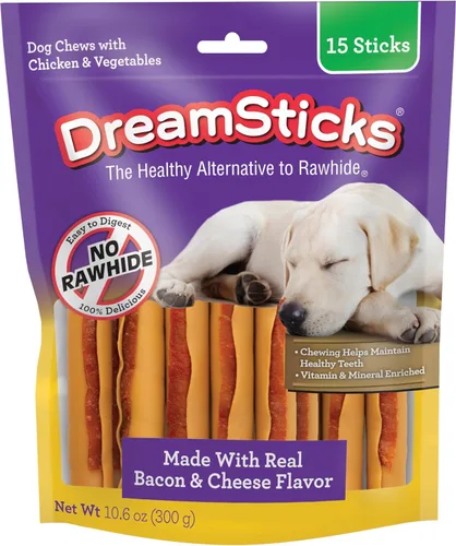 DreamBone DreamSticks con sabor real a tocino y queso, palitos masticables sin cuero crudo para perros, 15 palitos