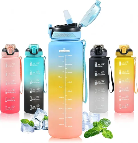 Vista 15 de Botella de agua con popote de 1 litro, botellas de agua para niños con popote de 1 litro, botella de agua deportiva a prueba de fugas, botellas