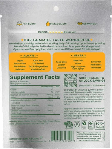 Vista 11 de Plant People WonderBurn - Gomitas para controlar el metabolismo y los antojos, cero azúcar, sabor a mango maduro (60 unidades)