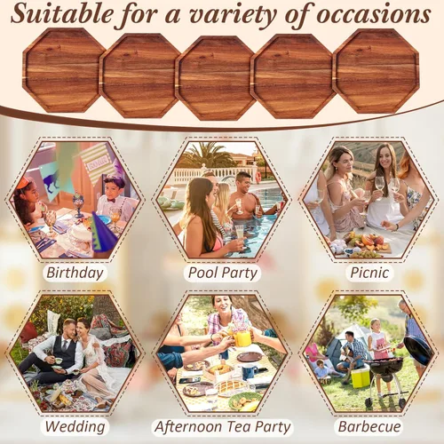 Vista 5 de Dandat 8 bandejas octogonales de madera de acacia para servir de 8 pulgadas, platos octogonales de madera para el hogar, cama, pan, carne, ensalada