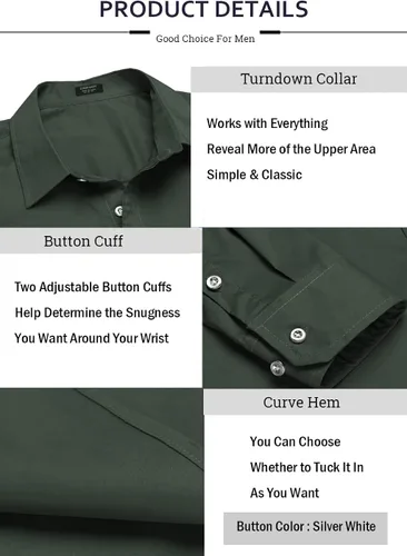 Vista 5 de COOFANDY Camisas de vestir de ajuste muscular para hombre, sin arrugas, manga larga, casual, con botones