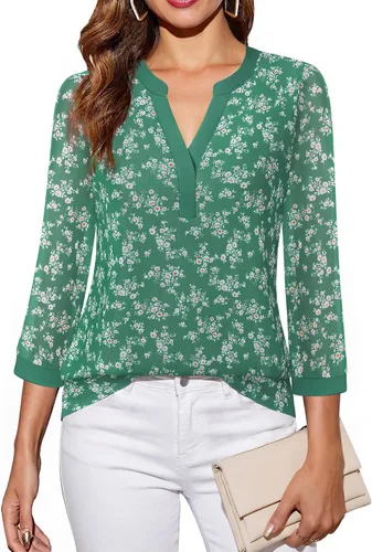 Vista 7 de Timeson - Blusas de manga de 3/4 para mujer, estilo casual, con cuello en V, camisas largas de vestir de doble capa, de malla Negro