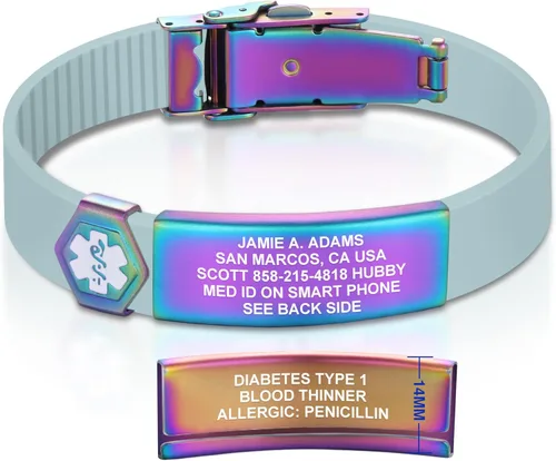 Vista 204 de Divoti Pulsera de identificación de alerta médica grabada personalizada, grabado láser de doble cara, pulsera de silicona, cierre de seguridad
