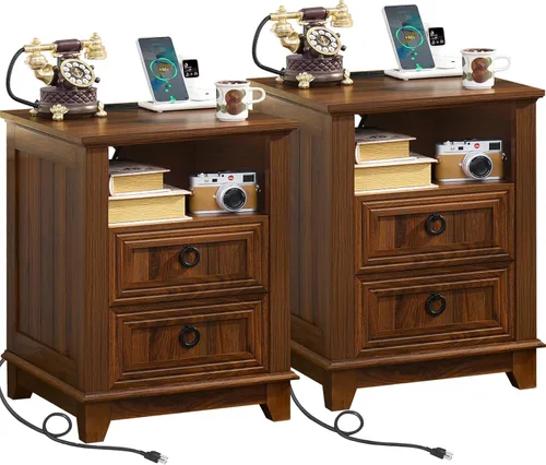 Vista 18 de Joaxswe Mesita de noche estilo granja de 18" con estación de carga, cómoda con mesa auxiliar de 2 cajones para dormitorio, mesita de noche de madera