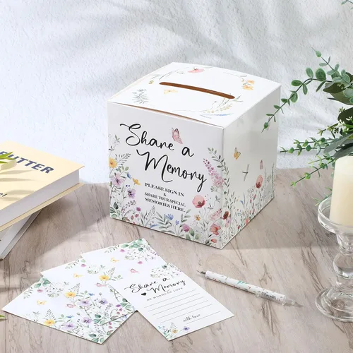 Vista 4 de Fainne 50 tarjetas florales de compartir una memoria con caja de celebración de la vida, tarjetas de consejos funerarios, tarjetas de agradecimiento