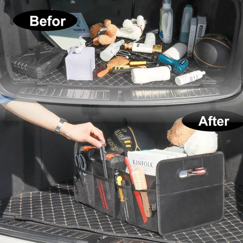 Vista 7 de JiatuA - Organizador para maletero de vehículo, caja de almacenamiento plegable con múltiples compartimentos; accesorio ajustable para automóvil