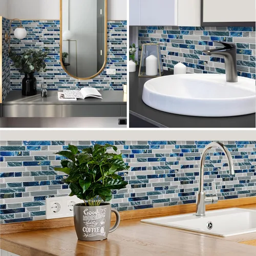 Vista 3 de Azulejos Autoadhesivos Despegar y Pegar para Salpicadero 12"x12" Pegatinas de Azulejos Autoadhesivos para Cocina Baño - Azul, 5 Hojas