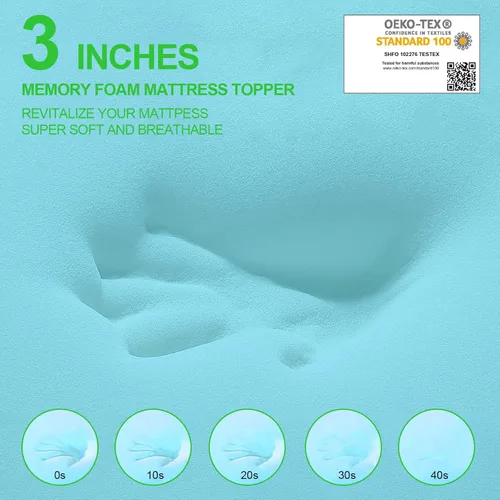 Vista 3 de Cubrecolchón de espuma viscoelástica de 3 pulgadas, tamaño Queen, con infusión de gel para aliviar la presión del dolor de espalda, diseño suave