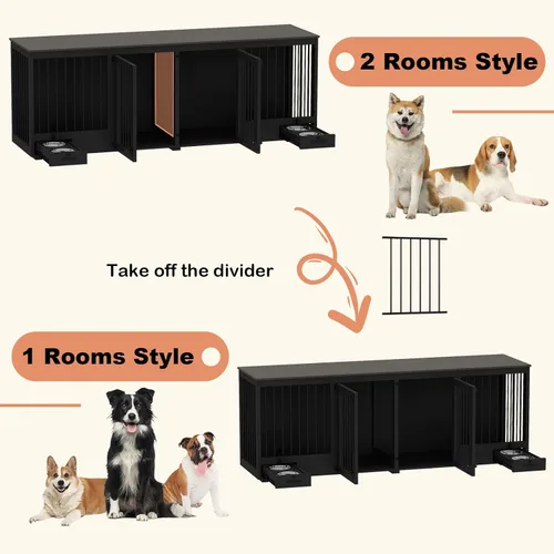 Vista 3 de Mueble estilo jaula para perros grande para 2 perros, perrera de madera resistente de 86.6" con cajones y divisor para comedero de perros, perrera