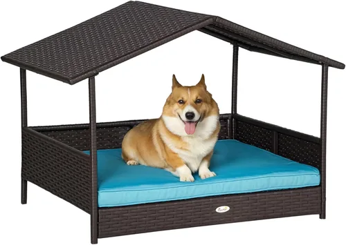 Vista 16 de PawHut Casa de mimbre para perros al aire libre con toldo, cama de ratán para perro con cojín resistente al agua, cama elevada para mascotas