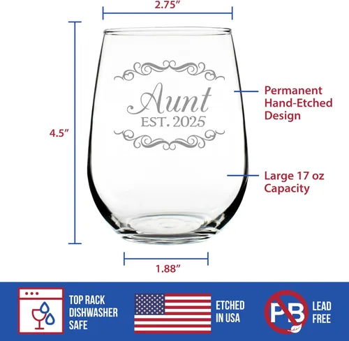 Vista 5 de Custom Aunt Est 20XX - New Aunties Stemless Wine Glass Gift for First Time Aunts - Personalized Decorative 17 Oz Large Glasses