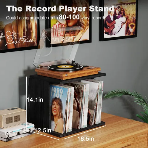 Vista 2 de Emfogo Almacenamiento de discos de vinilo, soporte para tocadiscos de pared, hasta 80-100 álbumes, soporte para discos de vinilo de 3 Negro