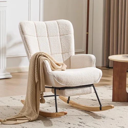 Vista 13 de Furniliving Mecedora tapizada para cuarto de bebé, mecedora tapizada, moderna, con asiento acolchado, silla de lectura con respaldo alto, cómoda