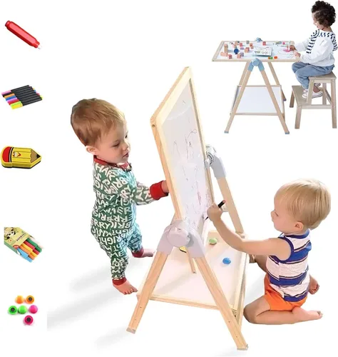 QZMTOY Caballete de Arte para Niños, Juego de Caballete de Pie de Lujo, Mesa de Arte Ajustable, Pizarra de Borrado en Seco y Pizarra de Tiza de