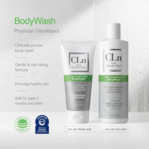 Vista 7 de CLn® BodyWash – Gel corporal que no reseca conservado con hipoclorito de sodio, para pieles comprometidas propensas a eccema, dermatitis, sarpullido