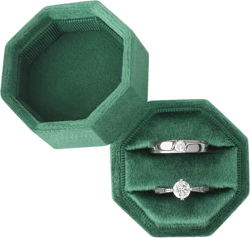 DesignSter Caja de terciopelo octágono, soporte de exhibición de doble anillo vintage con tapa desmontable para propuesta, compromiso, boda,