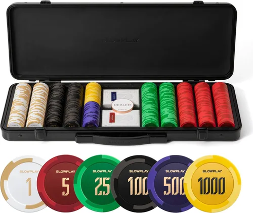 Vista 7 de SLOWPLAY Godel - Juego de fichas de póquer de arcilla de 0.49 oz para Texas Hold'em, 300 piezas [fichas en blanco] cuenta con una caja de chips