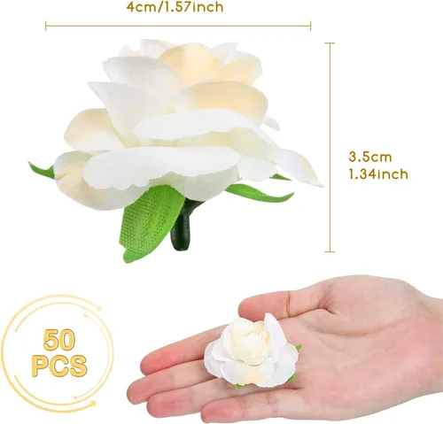 Vista 2 de Kesote 50 mini rosas artificiales de color blanco crema a granel, rosas artificiales de seda pequeñas de 1.6 pulgadas para manualidades, decoración