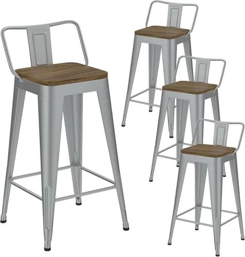 Vista 18 de Juego de 4 taburetes de bar de metal, taburetes de bar con respaldo alto con asiento de madera, taburetes de bar negros de 24 pulgadas para isla