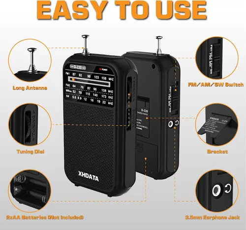 Vista 4 de XHDATA D220 Radio Portátil AM FM SW Receptor de Onda Corta Radios de Bolsillo, Radio Transistor Operada con 2 Pilas AA con Excelente Recepción