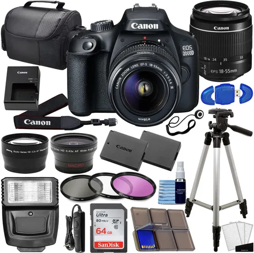 Canon Cámara DSLR EOS 2000D (Rebel T7) con lente EF-S 0.709-2.165 in f/3.5-5.6 DC III, paquete de 3 kit completo de fotos + tarjeta de 64 GB batería