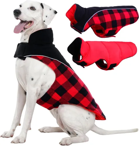 Vista 13 de Kuoser - Abrigo reversible para perros para climas fríos, abrigo de invierno impermeable reflejante para mascotas, abrigo para perros a cuadros