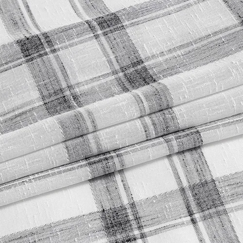 Vista 3 de Dos paneles de cortina Randall de lino con diseño geométrico de cuadros para ventana, mezcla de lino, con ojales semitransparentes, estilo rústico