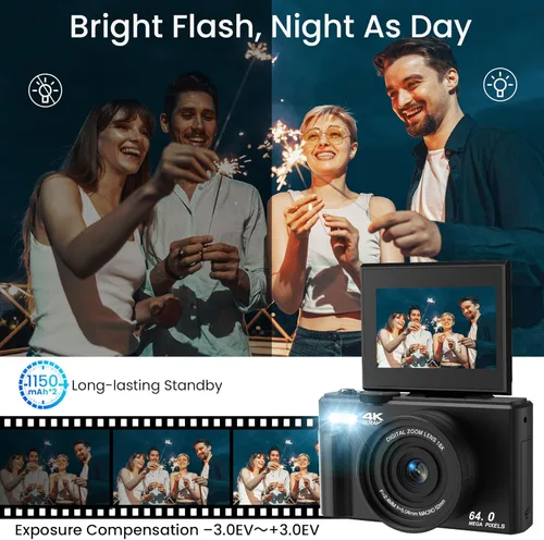 Vista 6 de SOPPY Cámara digital 4K con transferencia WiFi, pantalla abatible de 180° de 3 pulgadas con tarjeta SD, cámara de enfoque automático de 64 MP