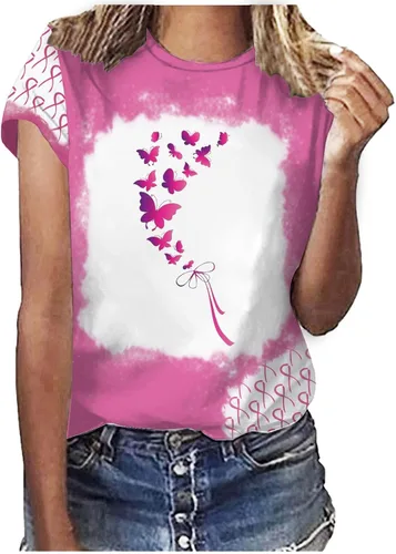 Womens Breast Cancer Awareness Shirt Pink Ribbon Butterfly T Shirt Motivational Short Sleeve Tops Tee Shirts