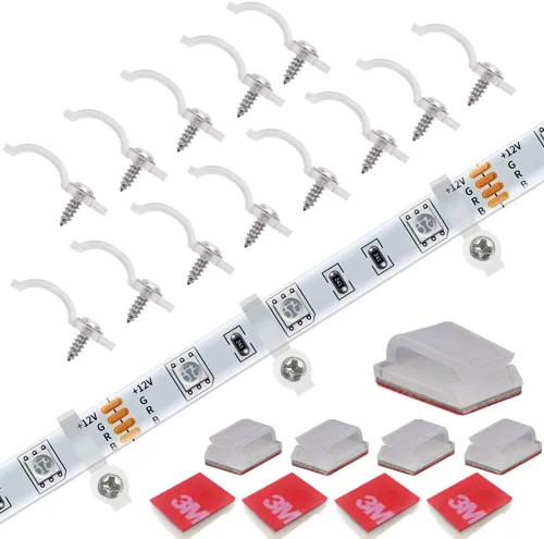 Paquete de 100 clips de fijación de montaje con tornillo, y 50 soportes de tira LED autoadhesivos para tira de luz LED de 0.394 in de ancho